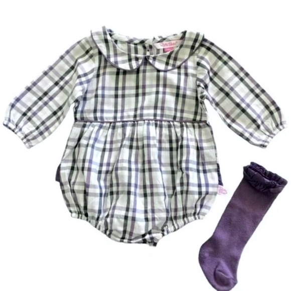 Ruffle Butts Other - Ruffle Butts Kingsley Purple & Gray Plaid Bubble Romper & Knee Socks Girls  3-6